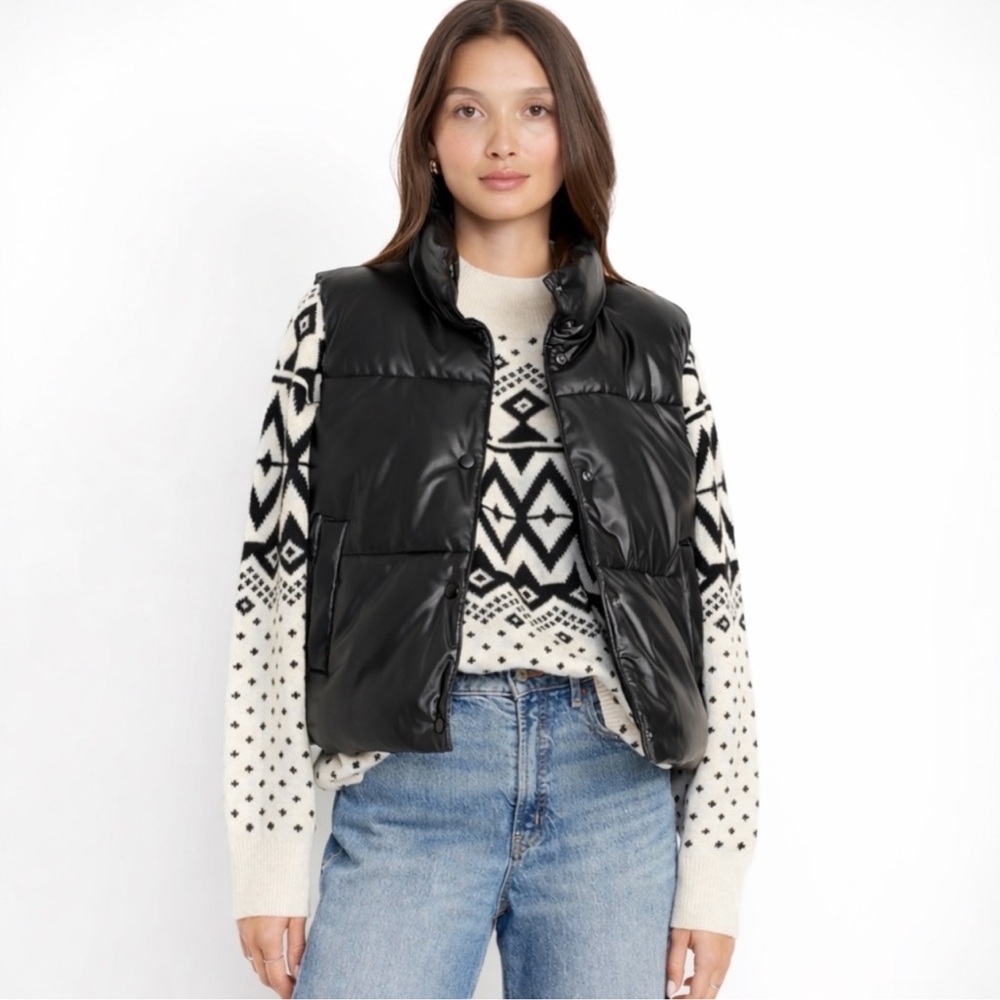 Old Navy Faux Leather Black Puffer Vest